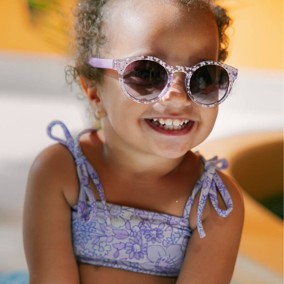 Frankie Ray Kids Sunglasses Daphne Lilac with classic rounded lilac frame and UV400 smoke lenses for children aged 3 to 8 years