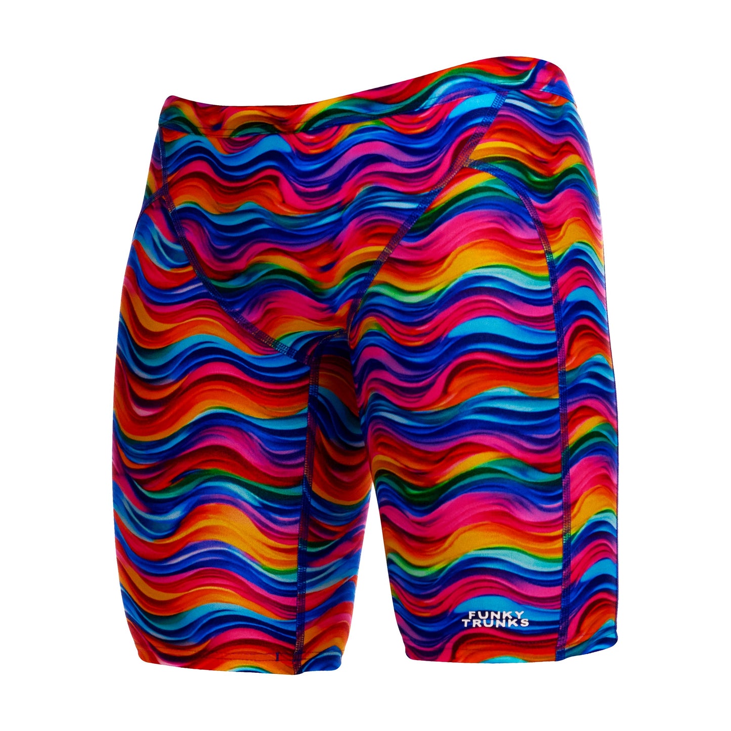 Funky Trunks Royal Wave boys fast training jammers in blue and purple print, shown from the side