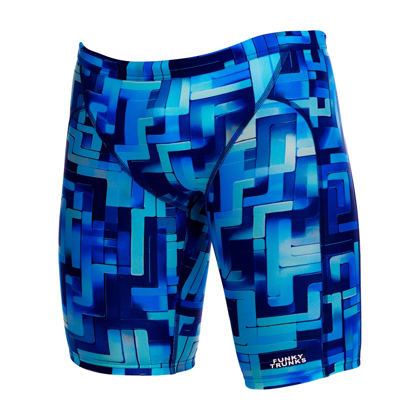 Funky Trunks You Blued toddler boys Miniman jammers in blue print, shown from the front