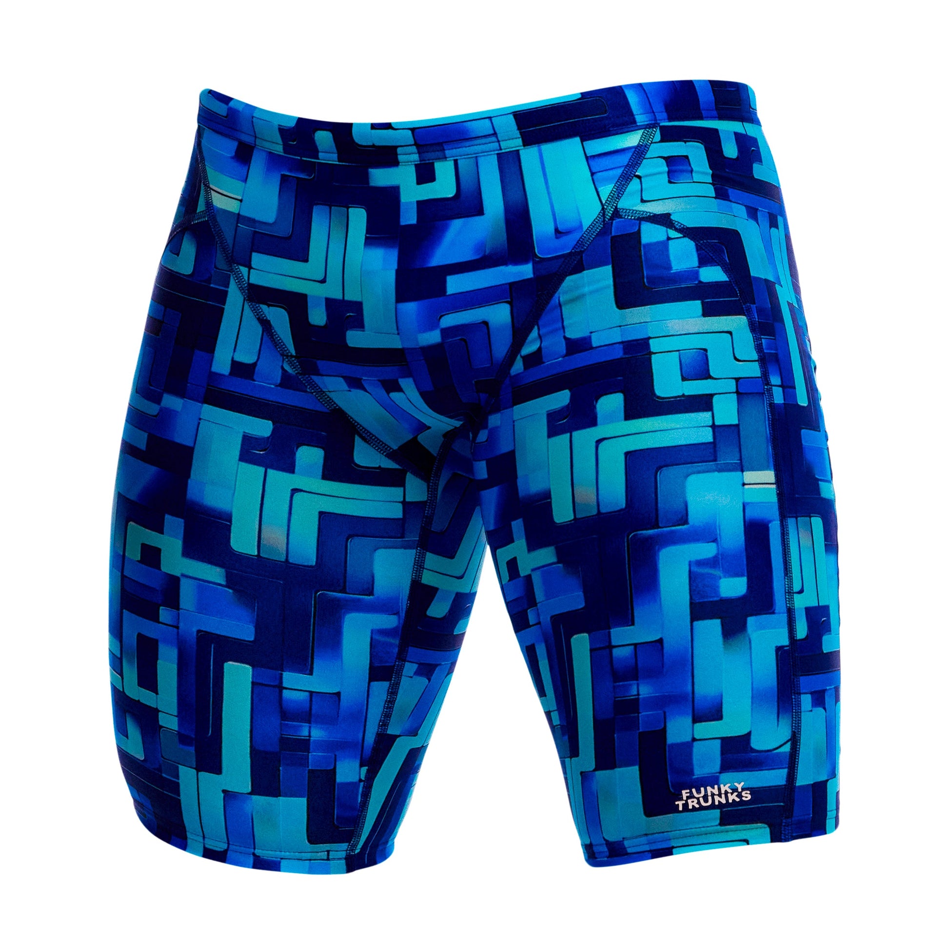 Funky Trunks You Blued men's training jammers in blue print, shown from the front on a plain background