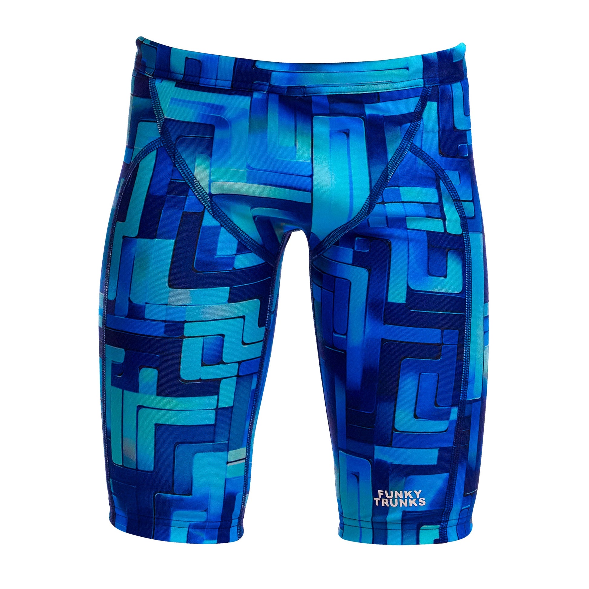 Funky Trunks You Blued boys training jammers in blue print, shown from the side against a plain background