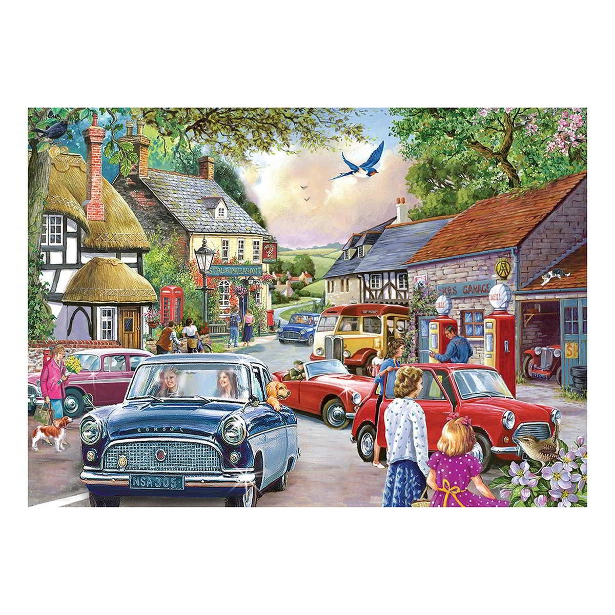 Illustration of a village scene with vintage cars and people.