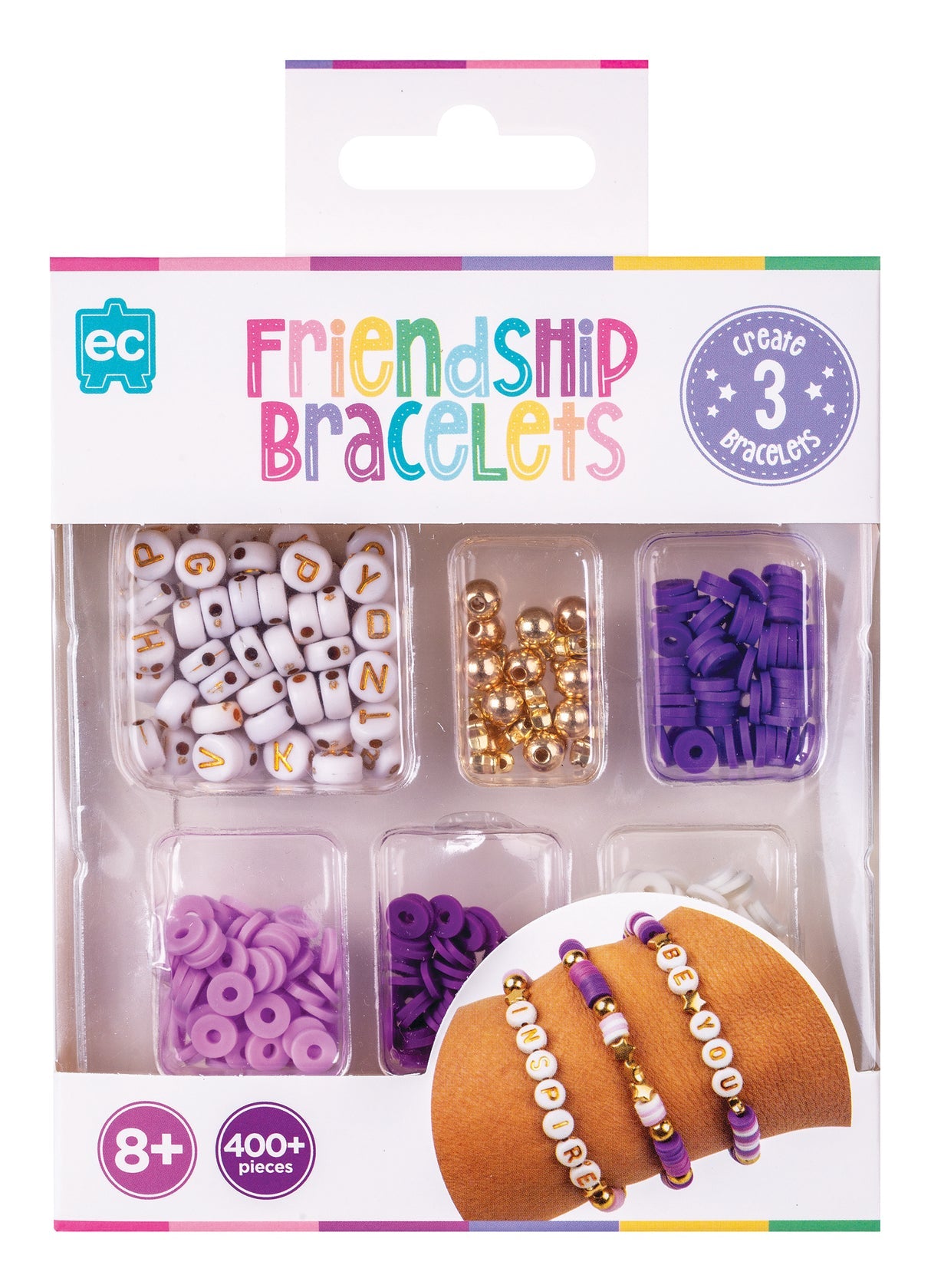 Bead bracelet kit in retail packaging with six clear compartments containing letter beads, round beads, and purple spacer beads, plus a circular inset showing bracelets worn on a wrist.
