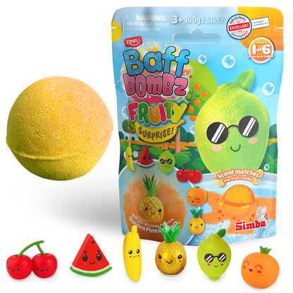 Zimpli Kids Baff Bombz – Fruity Surprise! Mystery Bath Bomb with Collectible Figure