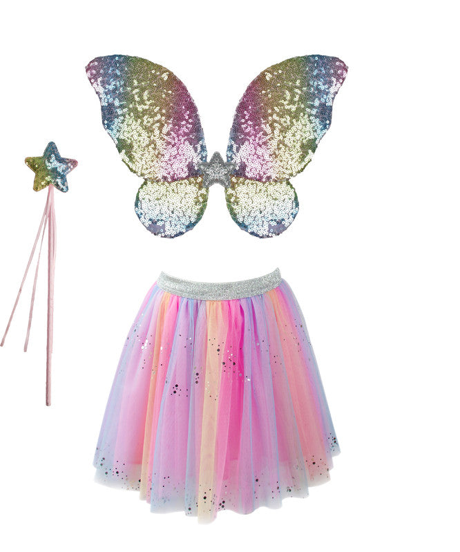 Great Pretenders - Rainbow Sequins Skirt with Wings & Wand (size 4-6)