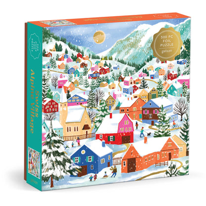 Jigsaw puzzle box with a winter village scene on a white background