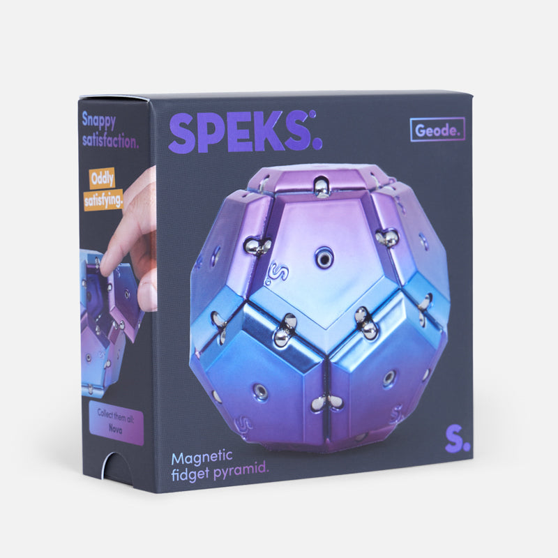 SPEKS Geode Chrome Nova magnetic fidget sphere with iridescent purple and blue metallic finish