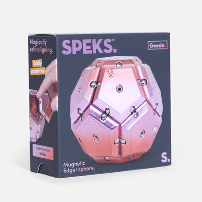 SPEKS Geode Chrome Rose magnetic fidget sphere with iridescent rose gold and pink metallic finish