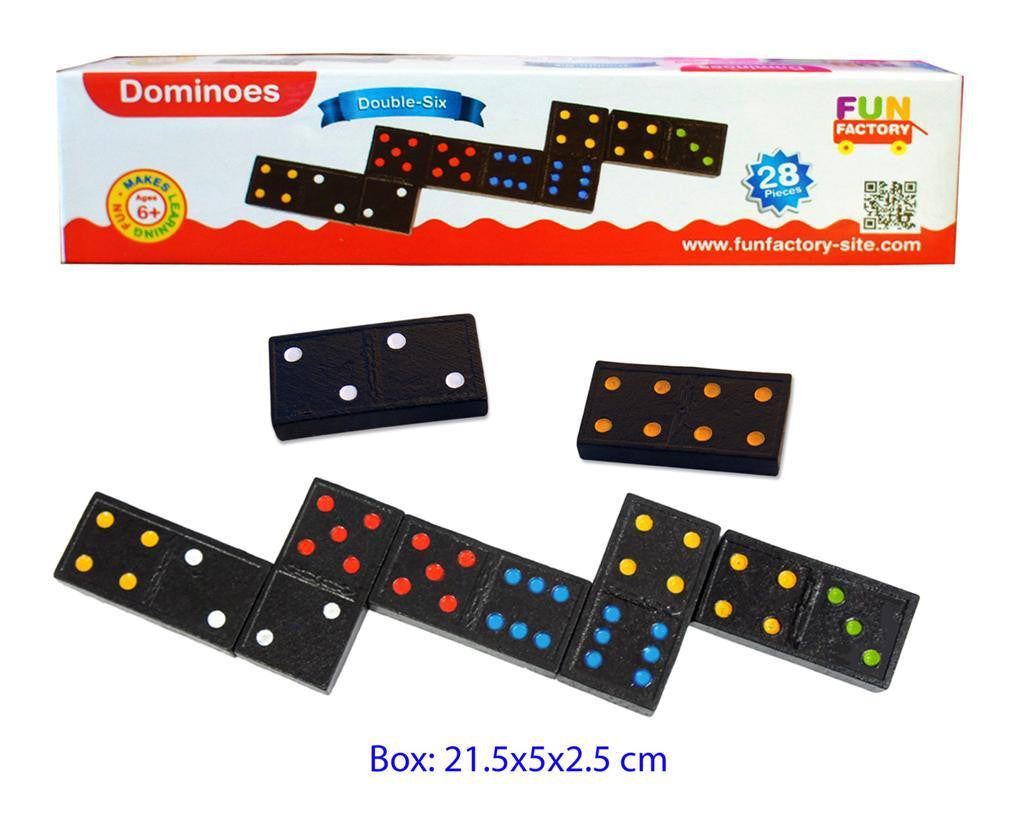 Fun Factory double six dominoes set with 28 pieces in storage box, black tiles with colourful dots