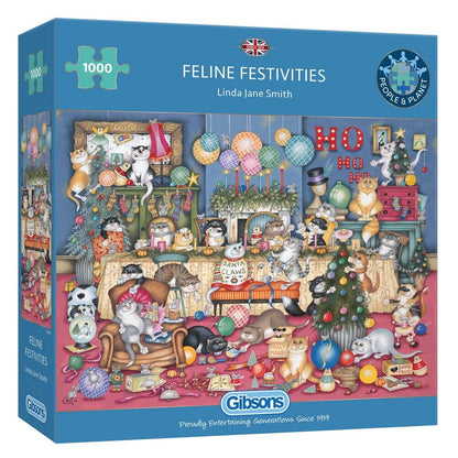 Gibsons puzzle box titled 'Feline Festivities' with Christmas-themed cats and decorations.