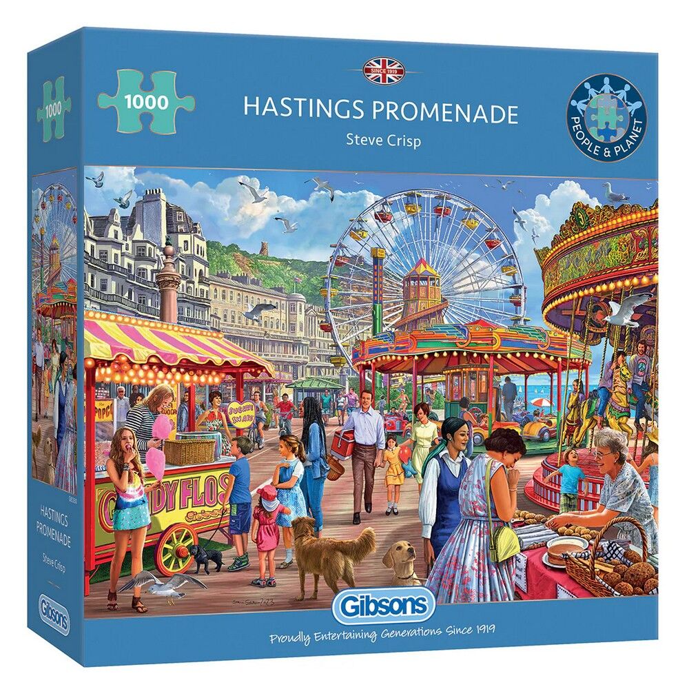 A 1000-piece jigsaw puzzle box for 'Hastings Promenade' by Steve Crisp, published by Robinson. The box features a colorful illustration of a seaside fairground with a ferris wheel, people, and street stalls.