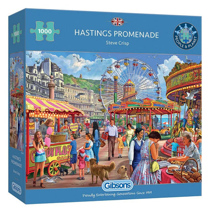 A 1000-piece jigsaw puzzle box for 'Hastings Promenade' by Steve Crisp, published by Robinson. The box features a colorful illustration of a seaside fairground with a ferris wheel, people, and street stalls.
