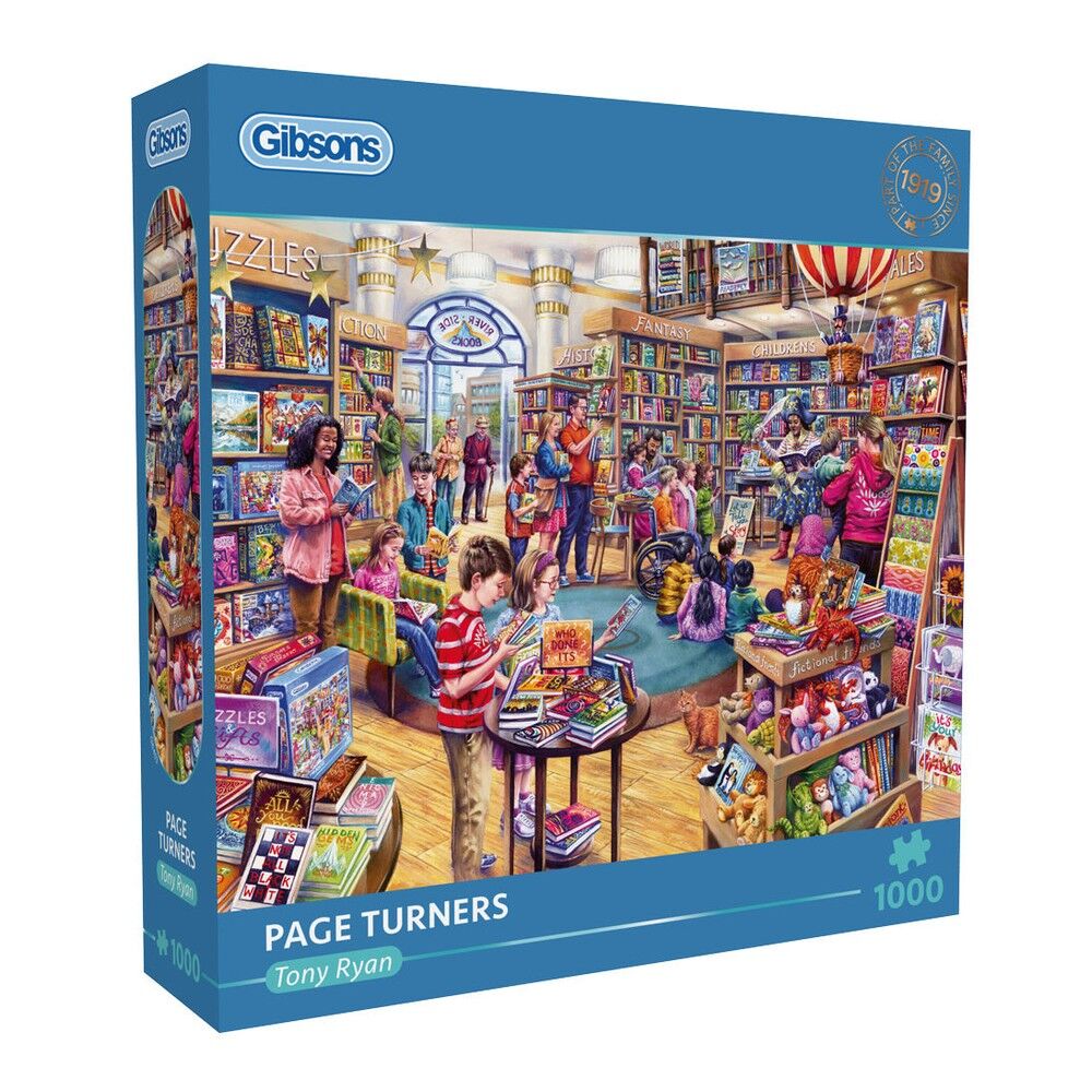 A 1000-piece jigsaw puzzle box by Gibsons featuring a vibrant, detailed illustration of a bustling, multi-story bookstore