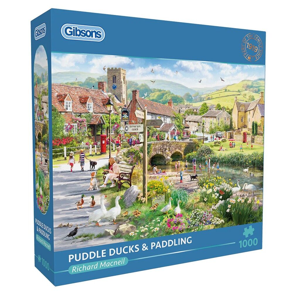 Gibsons puzzle box featuring a village scene with ducks and people.