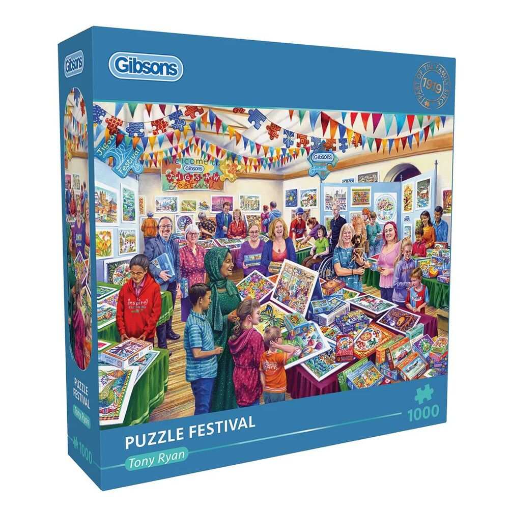 Gibsons Puzzle Festival puzzle box with colorful illustration of a puzzle store.