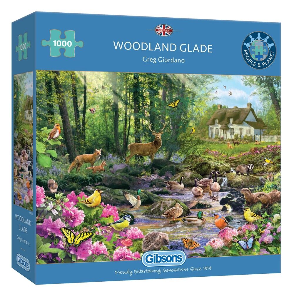 Gibsons 'Woodland Glade' puzzle box with a scenic illustration of a forest and animals.