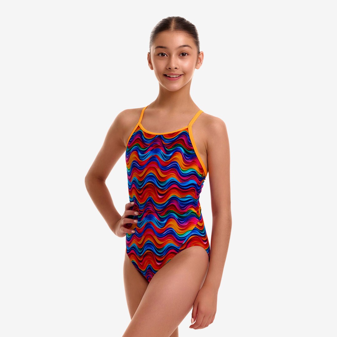 Funkita Plastic Fantastic girls diamond back one piece swimsuit, rear view showing the diamond back panel design