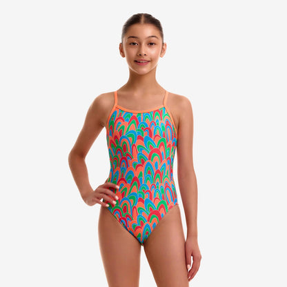 Funkita Hush Puffy girls single strap one piece swimsuit, rear view showing the open back and single bind shoulder strap