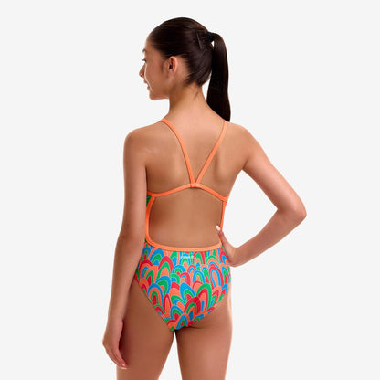 Funkita Hush Puffy girls single strap one piece swimsuit, rear view showing the open back and single bind shoulder strap