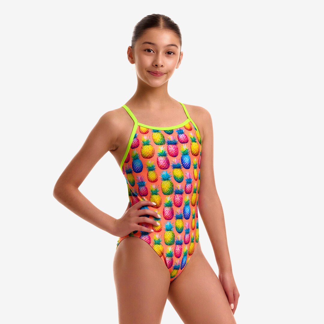 Funkita Pinky Piney girls single strap one piece swimsuit in pink and green, shown from the front on a plain background