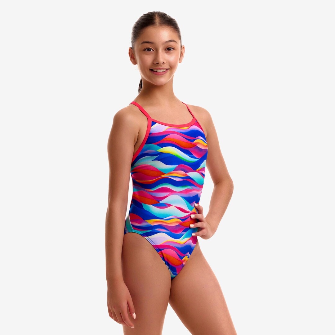 Funkita Royal Wave girls single strap one piece swimsuit in blue and purple, front view showing the single bind strap