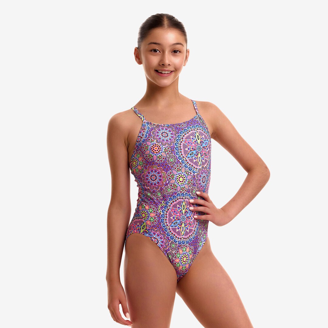 Funkita Love Lacy girls diamond back one piece swimsuit in a colourful lace-inspired print, rear view
