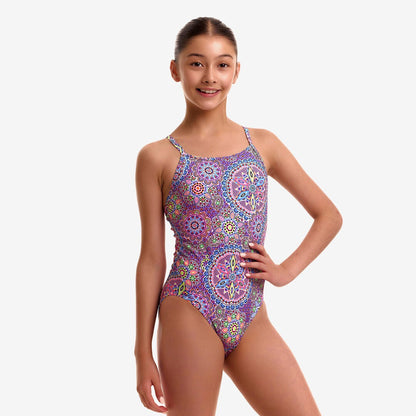 Funkita Love Lacy girls diamond back one piece swimsuit in a colourful lace-inspired print, rear view