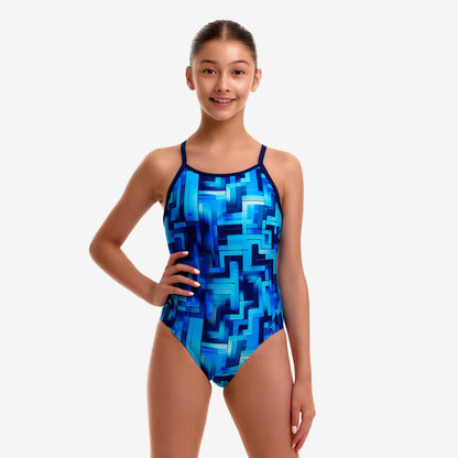 Funkita You Blued girls diamond back one piece swimsuit in blue, shown from behind with supportive back panels