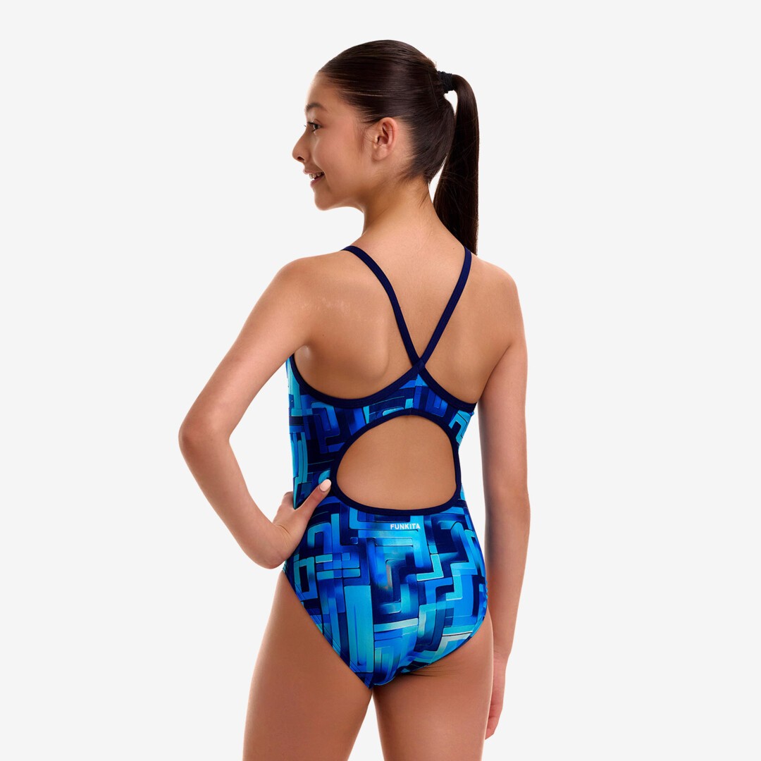 Funkita You Blued girls diamond back one piece swimsuit in blue, shown from behind with supportive back panels