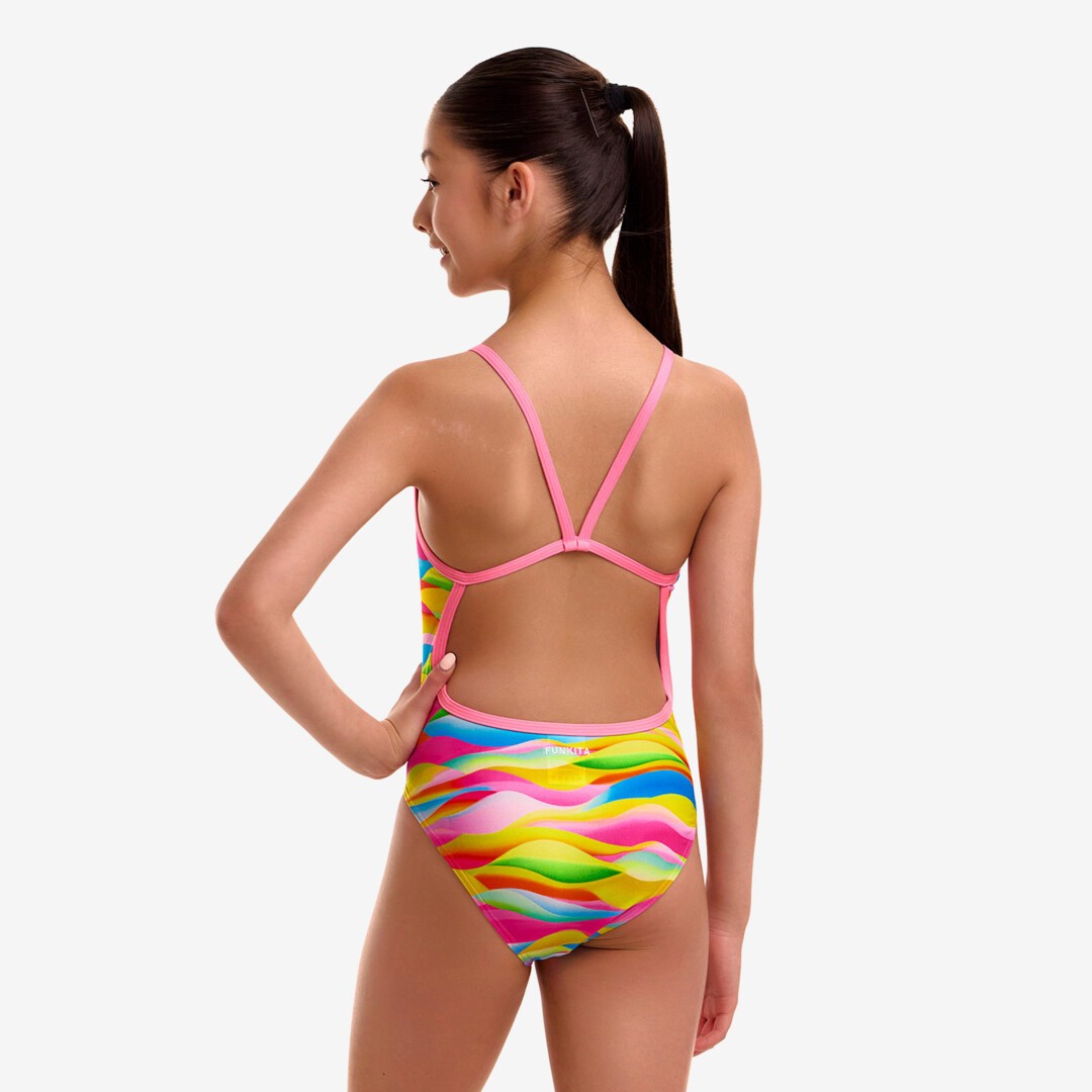 Funkita Maybe Wavy girls single strap one piece swimsuit in blue tones, shown from the back with open back styling