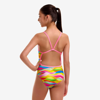 Funkita Maybe Wavy girls single strap one piece swimsuit in blue tones, shown from the back with open back styling