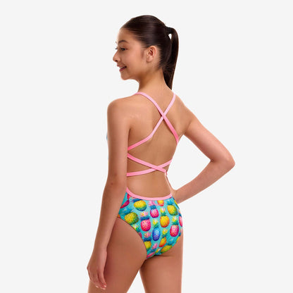 Funkita Punchy Bunch girls strapped in one piece swimsuit, back view showing the criss-cross strap detail
