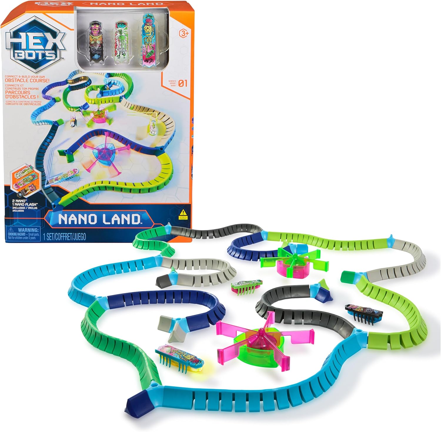 Hex Dots Nano Land toy set with a colorful micro-robot circuit board track, small electric vehicles, and a retail box on a white background.