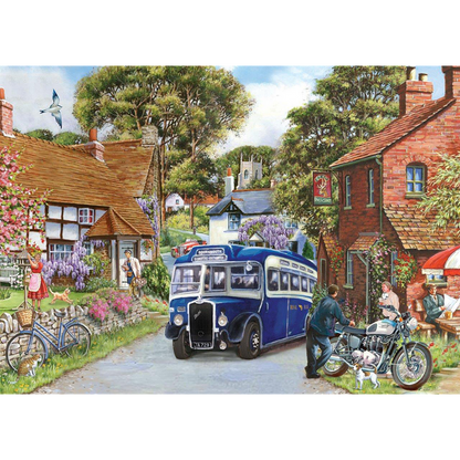 A colorful vintage-style illustration of a small village street with a blue bus in the center, brick houses, trees, people, a bicycle, and a motorcycle in the foreground.