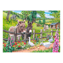 Framed artwork of donkeys, geese, and chicks in a pastoral setting with flowers and a wooden fence.