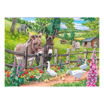 Framed artwork of donkeys, geese, and chicks in a pastoral setting with flowers and a wooden fence.