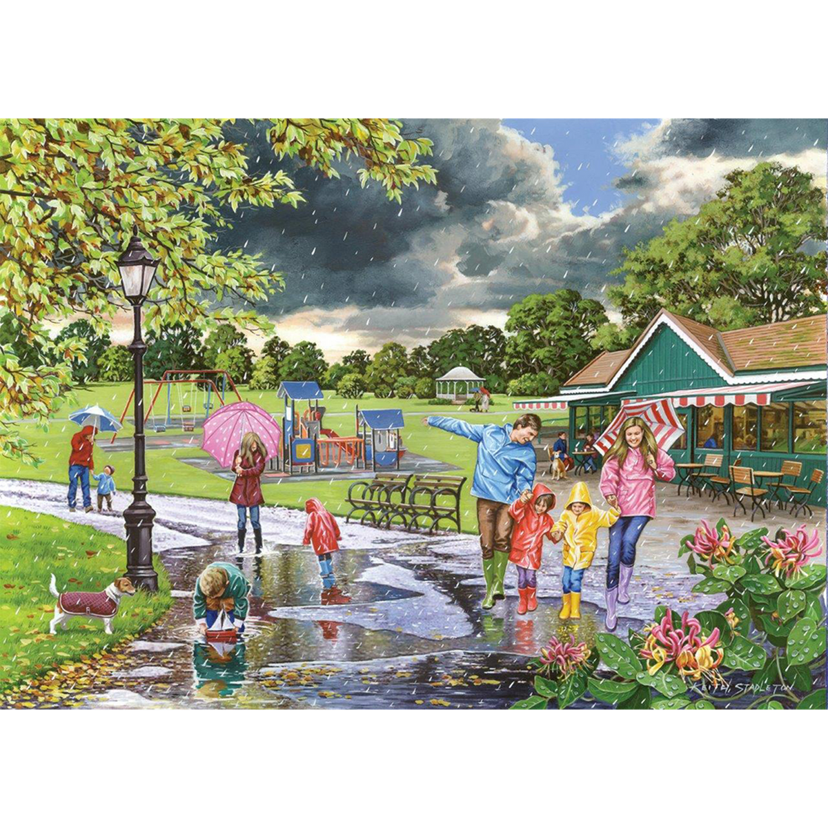 A colorful painted scene of children and adults playing in a park raindrop puddle on a rainy day, with a small green shop, cloudy sky, trees, and a dog in the foreground.