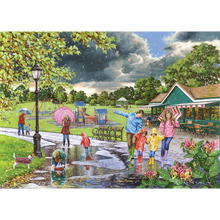 A colorful painted scene of children and adults playing in a park raindrop puddle on a rainy day, with a small green shop, cloudy sky, trees, and a dog in the foreground.