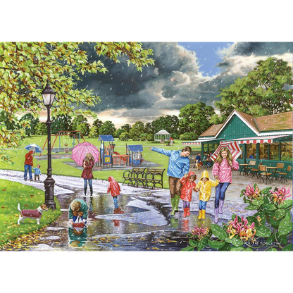 A colorful painted scene of children and adults playing in a park raindrop puddle on a rainy day, with a small green shop, cloudy sky, trees, and a dog in the foreground.