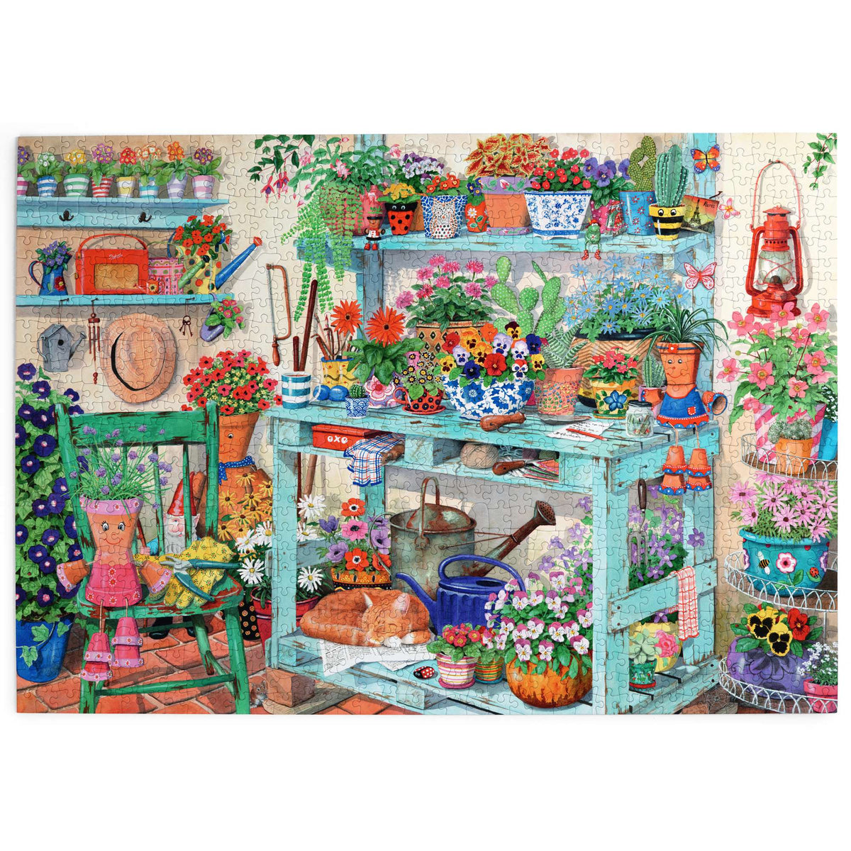 Colorful puzzle with a garden scene featuring plants, pots, and gardening tools.