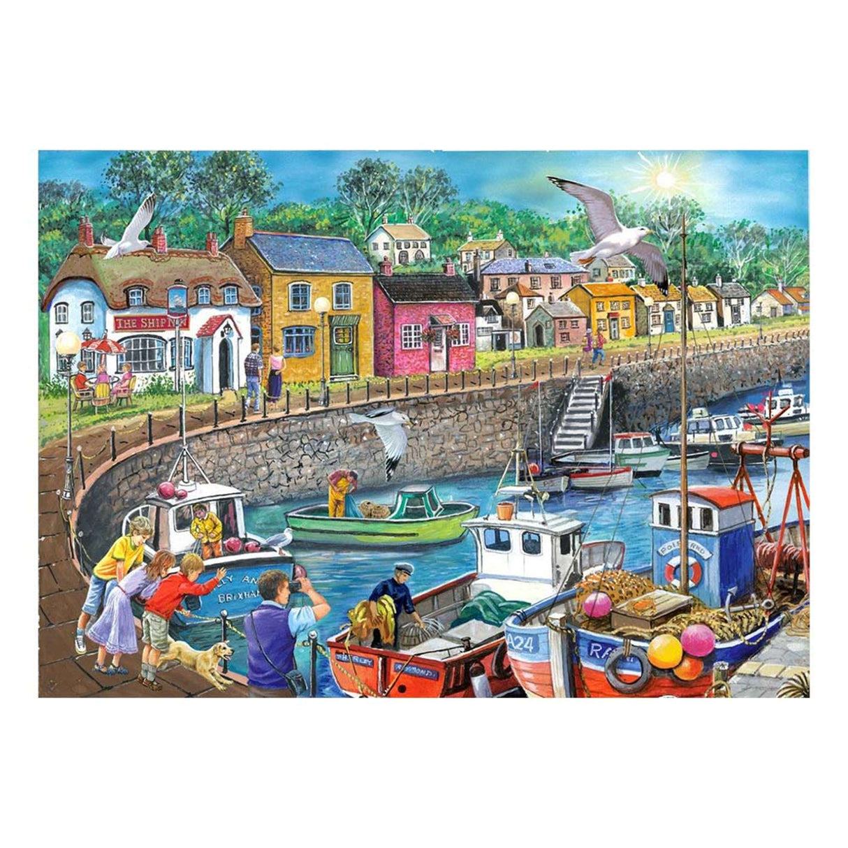 A colorful illustrated harbor scene with fishing boats, cottages, seagulls, and people by the water, shown as a square art print or puzzle-style image on a white background.