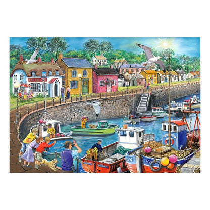 A colorful illustrated harbor scene with fishing boats, cottages, seagulls, and people by the water, shown as a square art print or puzzle-style image on a white background.
