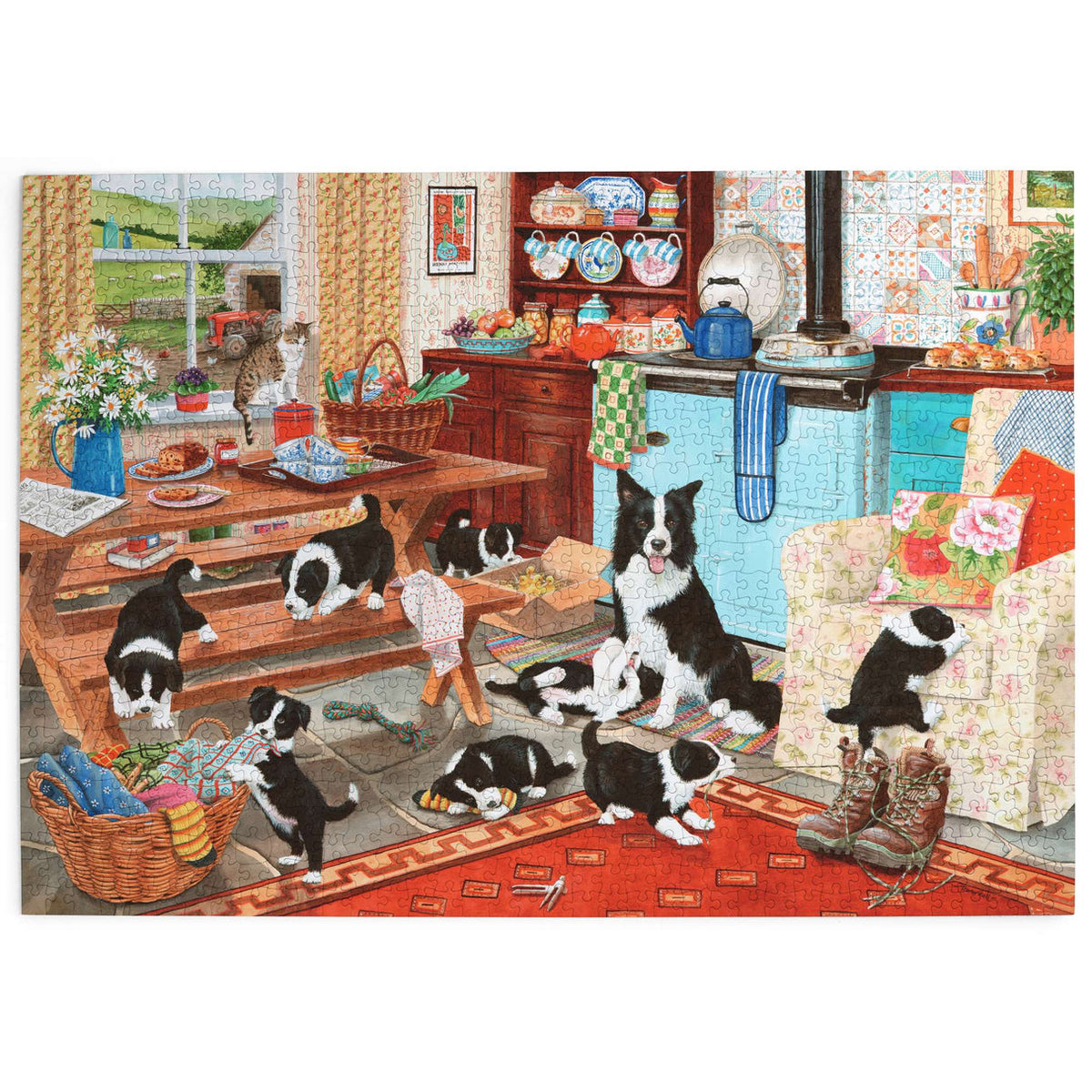Illustration of dogs in a kitchen setting with various items and furniture.