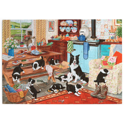 Illustration of dogs in a kitchen setting with various items and furniture.