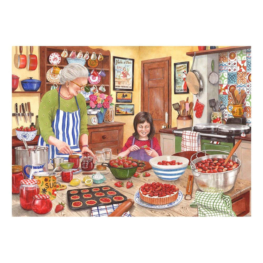 A colorful illustrated kitchen scene showing an older woman and a young girl preparing food together at a wooden counter, surrounded by bowls of fruit, jars, utensils, and framed wall art.