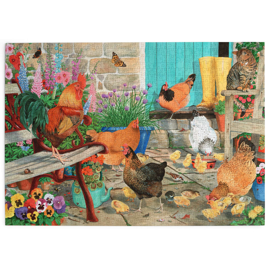 Colorful illustration of chickens and a rooster in a garden setting with flowers and a cat.