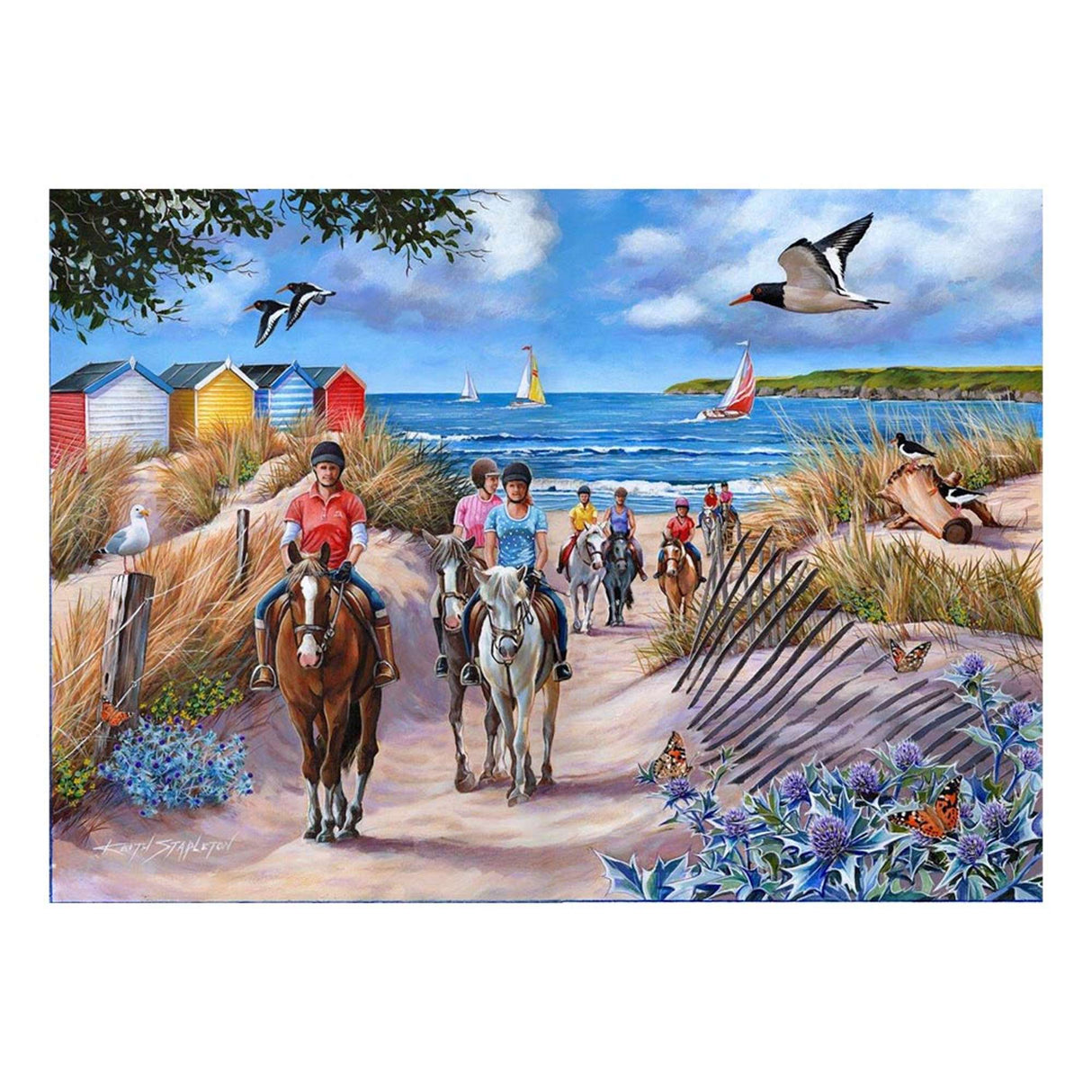 People riding horses on a beach with colorful huts and ocean view