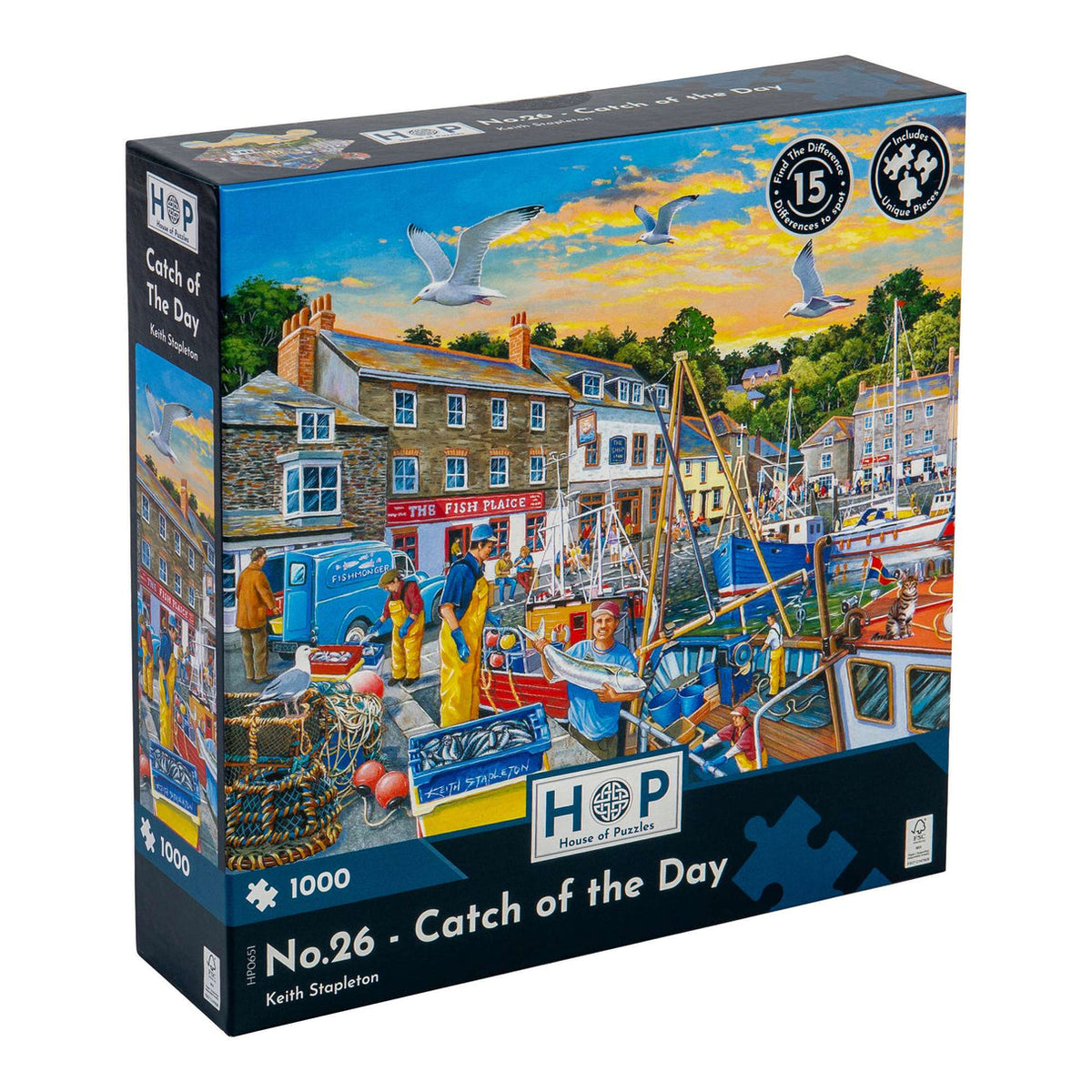 House of Puzzles Catch of the Day No. 26 1000-piece Find the Difference jigsaw puzzle box featuring Keith Stapleton's fishing harbour artwork.