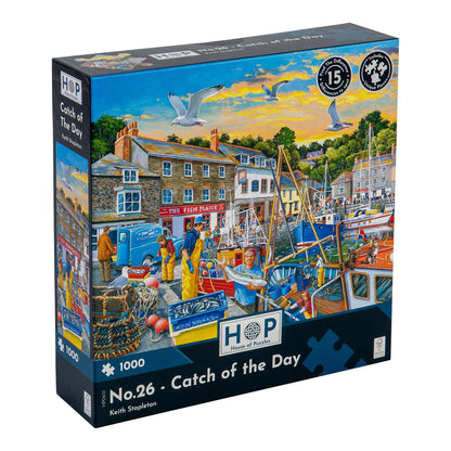 House of Puzzles Catch of the Day No. 26 1000-piece Find the Difference jigsaw puzzle box featuring Keith Stapleton's fishing harbour artwork.