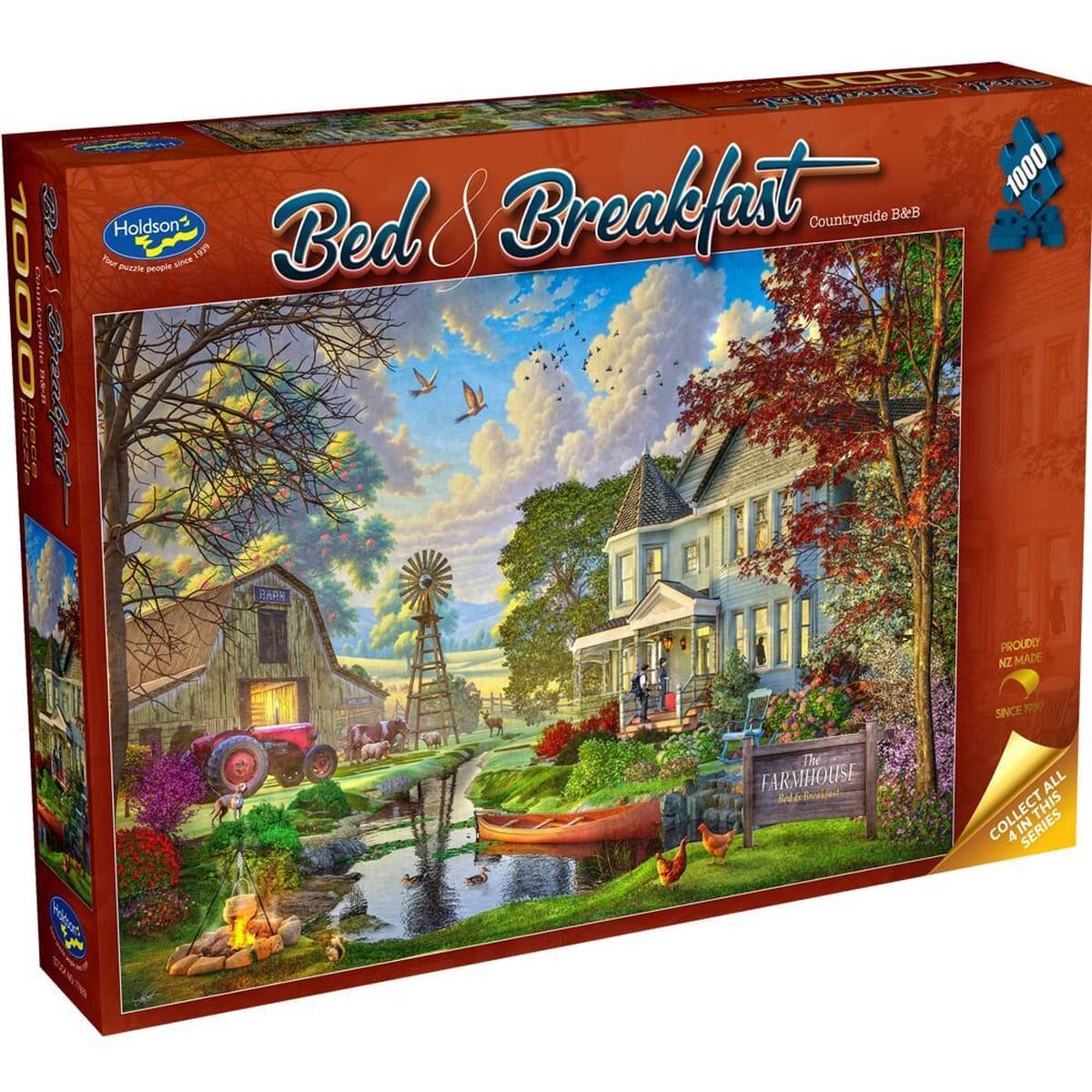 Jigsaw puzzle box featuring a scenic farmhouse and pond with 'Bed & Breakfast' text.